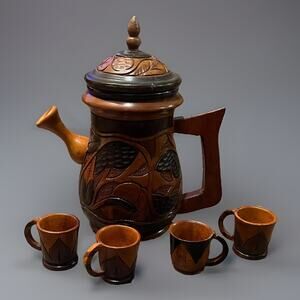 Vintage Hand Carved Teak Wood Tea Pot Pitcher Set w/ 4 cups Lid - Very Nice!